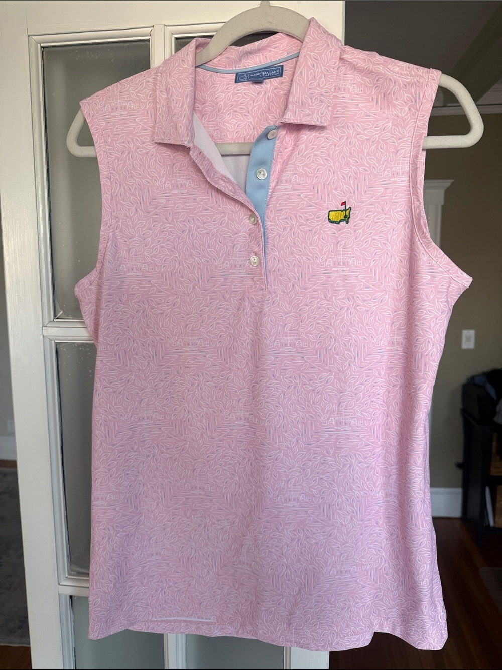 Magnolia Lane Pink Patterned Masters Golf Polo with Blue Trim